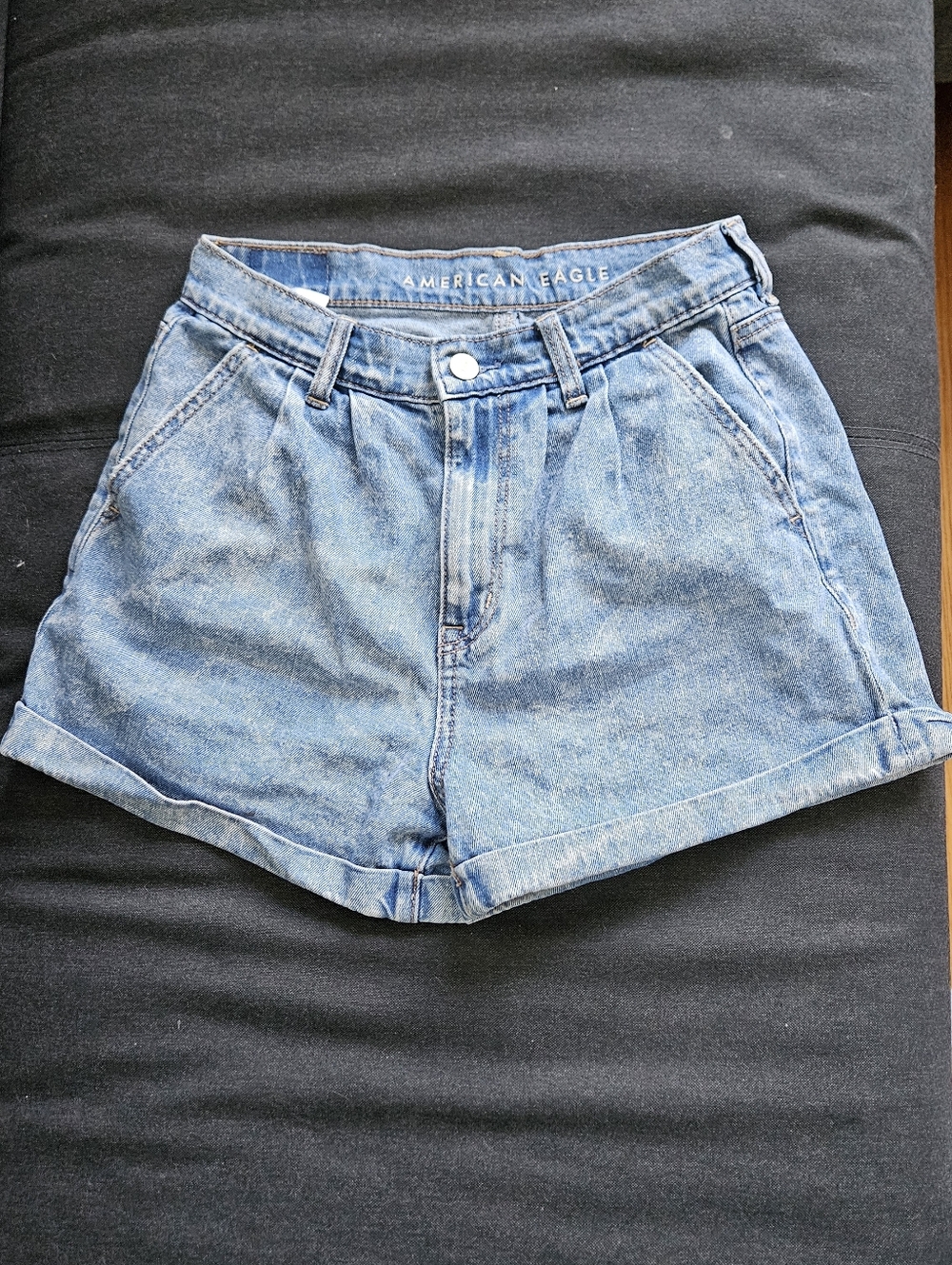 American Eagle Outfitters Light Blue High-Waist Paper Bag Denim Mom Shorts